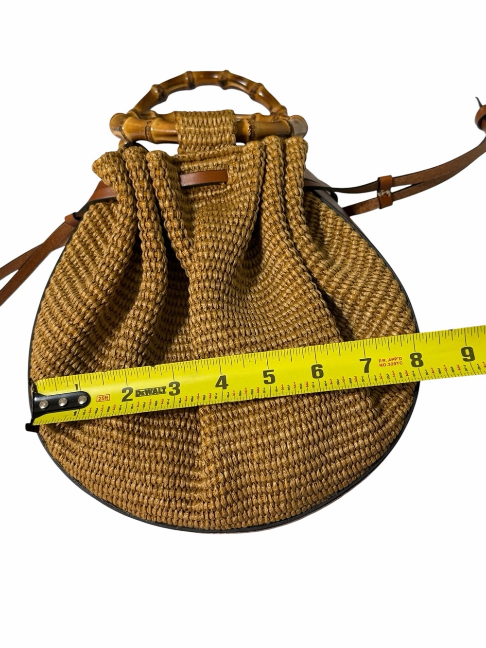 NWT CATERINA BERTINI Made in Italy Bamboo Handle Woven Bucket Bag Leather Trim - Picture 9 of 9